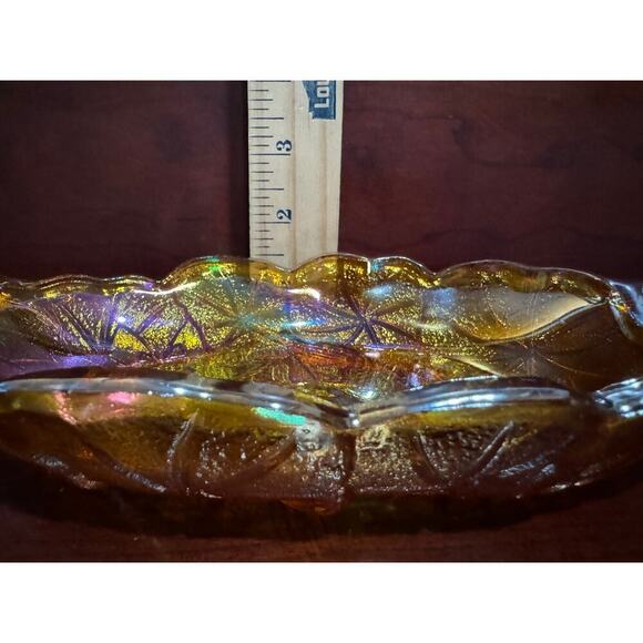 Vintage Carnival Glass Serving Dish Iridescent 9.5” Amber Gold Sunflower Design - Picture 7 of 8